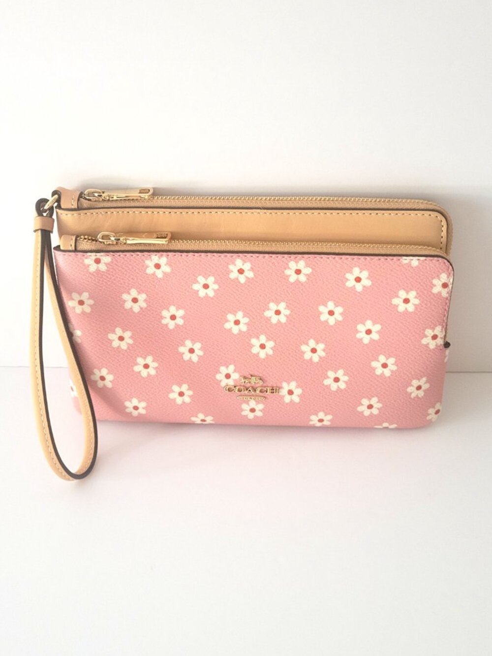 Coach CEY48 Double Zip Wallet Floral Coated Canvas Leather Wristlet Pink Clutch